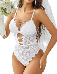 Women Sexy Lace Bodysuit with Chain V Teddy Lingerie